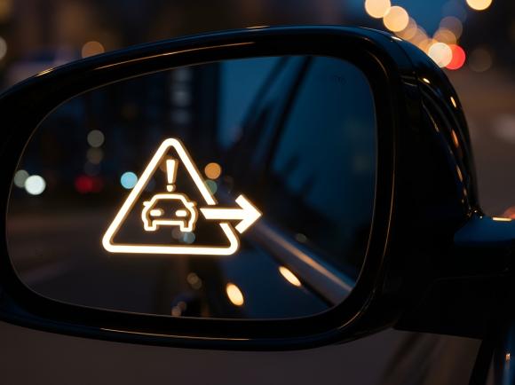 A car's side view mirror with a alert in the center of the mirror. 