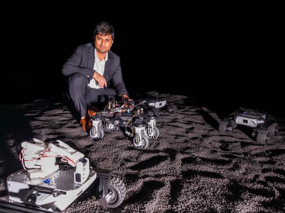 Professor Yashwanth Nakka in the Aerospace Robotics Lab. (Photo: Cameron Eure)