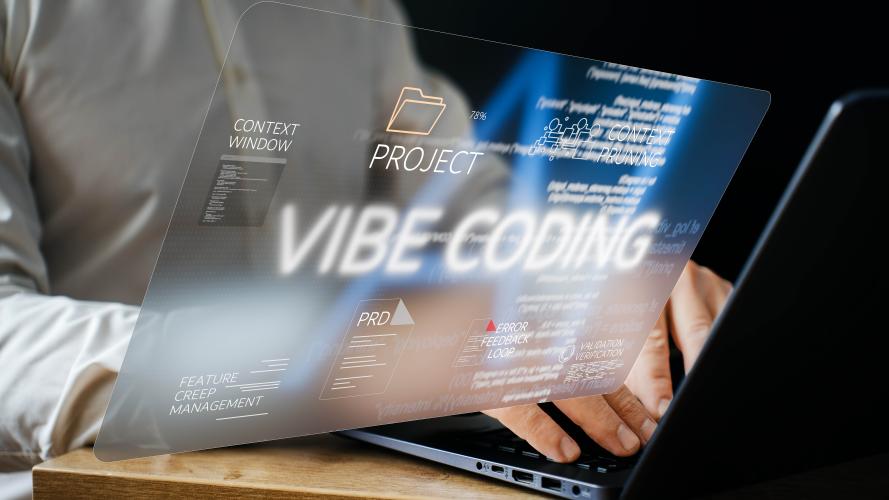 A man typing on a computer. There is a hovering screen hovering over his hands that says "Vibe Coding"