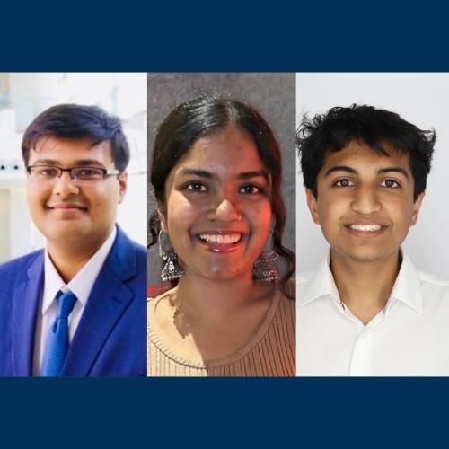 Three photos of Georgia Tech researchers Arnav Hiray, machine learning doctoral student; Vidhyakshaya Kannan, a Georgia Tech Financial Services intern; and Siddharth Lohani, a computer science major ’26 and software engineer at Bloomberg.