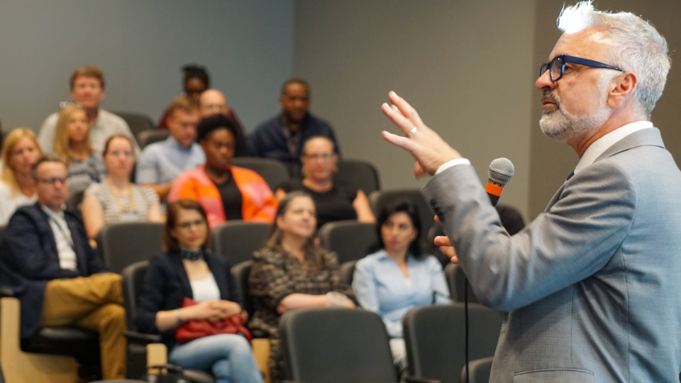Dean Gaudelli speaks to the College of Lifetime Learning in his first town hall.