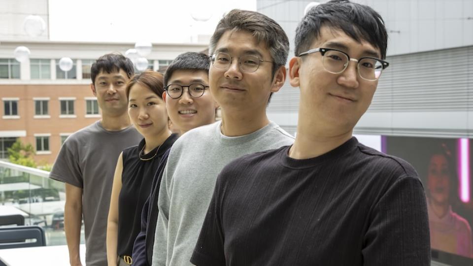 <p><em>School of Interactive Computing Assistant Professor Sehoon Ha, Neuromeka researchers Joonho Lee and Yunho Kim, School of IC Assistant Professor Jennifer Kim, and Electronics and Telecommunications Research Institute researcher Dongyeop Kang, are collaborating to develop a medical assistant robot to support doctors and nurses in Korea. Photo by Nathan Deen/College of Computing.</em></p> Researchers